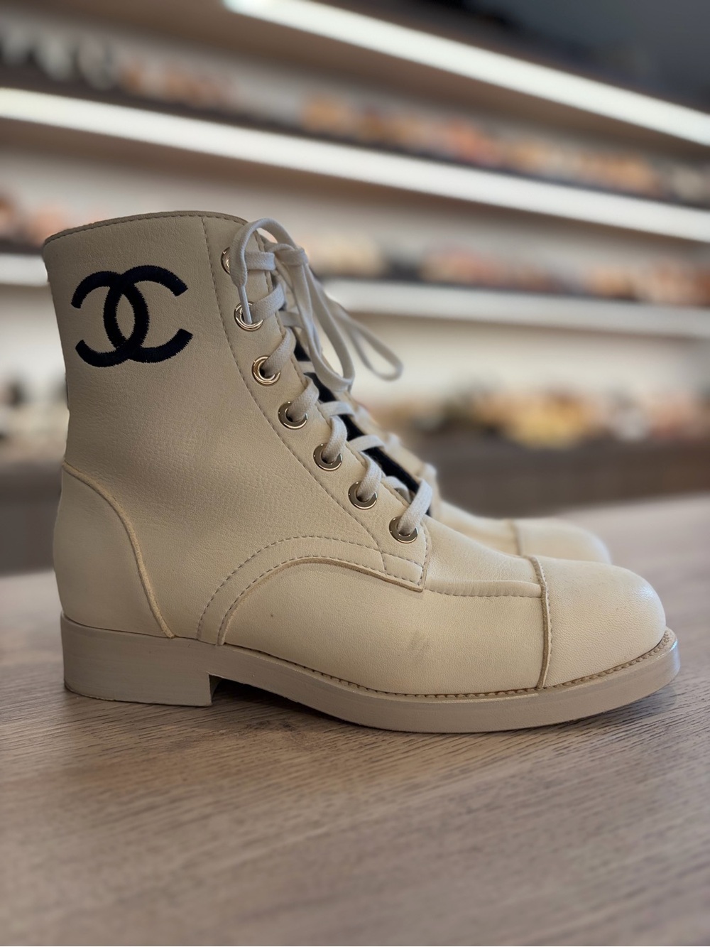 CHANEL Cream Leather Lace-Up Combat Boots with Navy CC - Picture 3 of 8